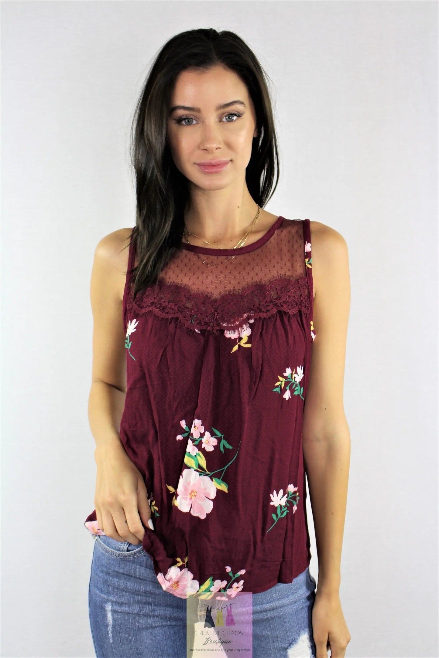 Ruffle and Lace Detail Sleeveless Tank Creative Chaos Boutique