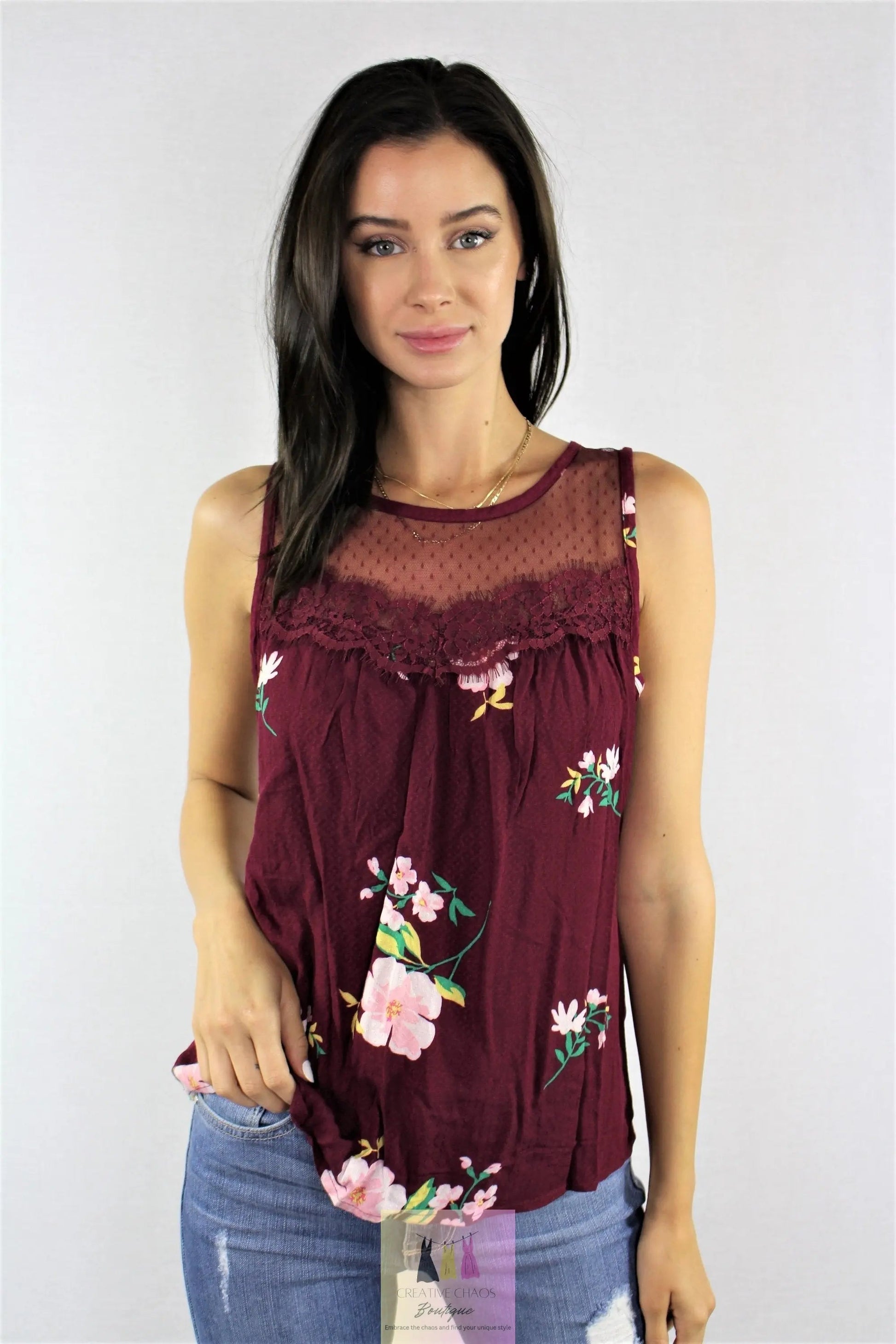 Ruffle and Lace Detail Sleeveless Tank Creative Chaos Boutique