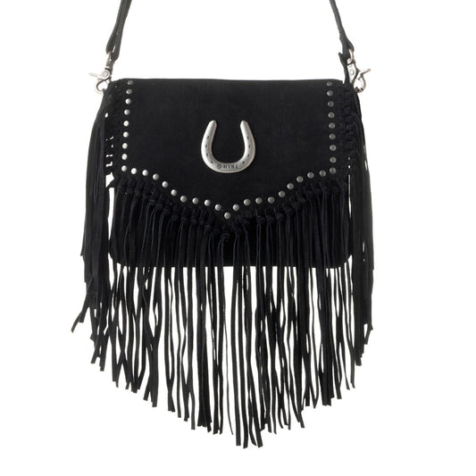 Myra Lucky Charm Leather Bag for Women in black with fringe and horseshoe detail Myra USA