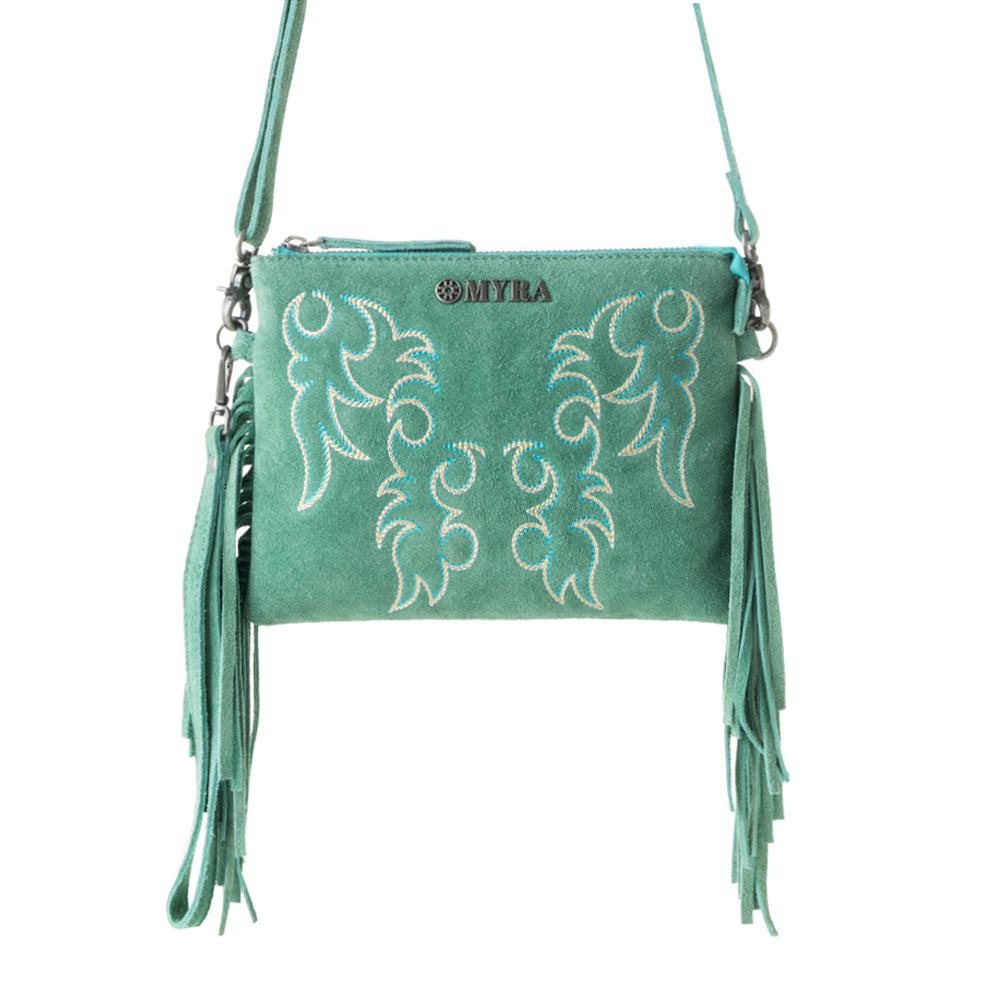 Myra Boot Stitch Suede Bag for Women in green with embroidery and fringe detail Myra USA