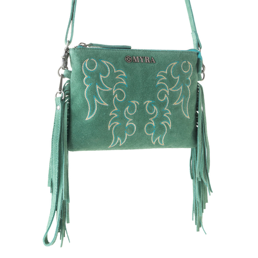 Myra Boot Stitch Suede Bag for Women in green with embroidery and fringe detail Myra USA
