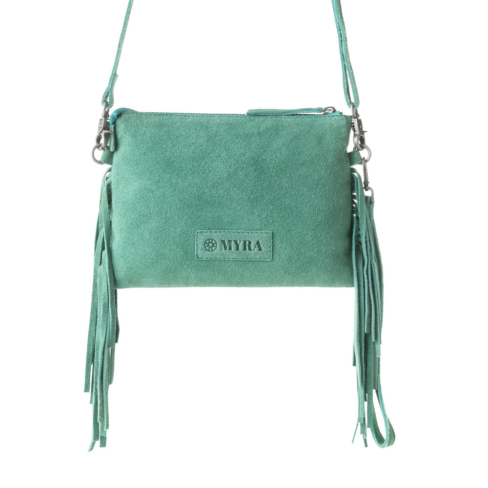 Myra Boot Stitch Suede Bag for Women in green with embroidery and fringe detail Myra USA