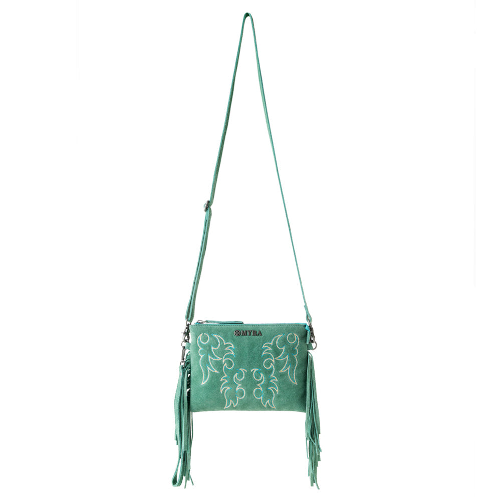 Myra Boot Stitch Suede Bag for Women in green with embroidery and fringe detail Myra USA