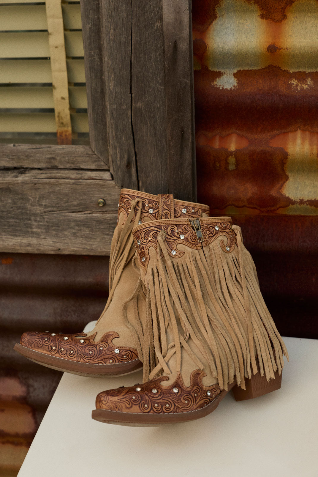 Myra Nashville Nights Fringe Boots for Women in Ember, Handtooled Genuine Leather with Swarovski Stones Myra USA