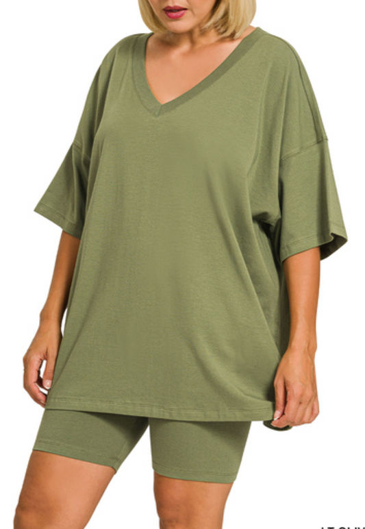 PLUS SIZE COTTON V-NECK TOP AND BIKE SHORTS SET - ZENANA - OLIVE