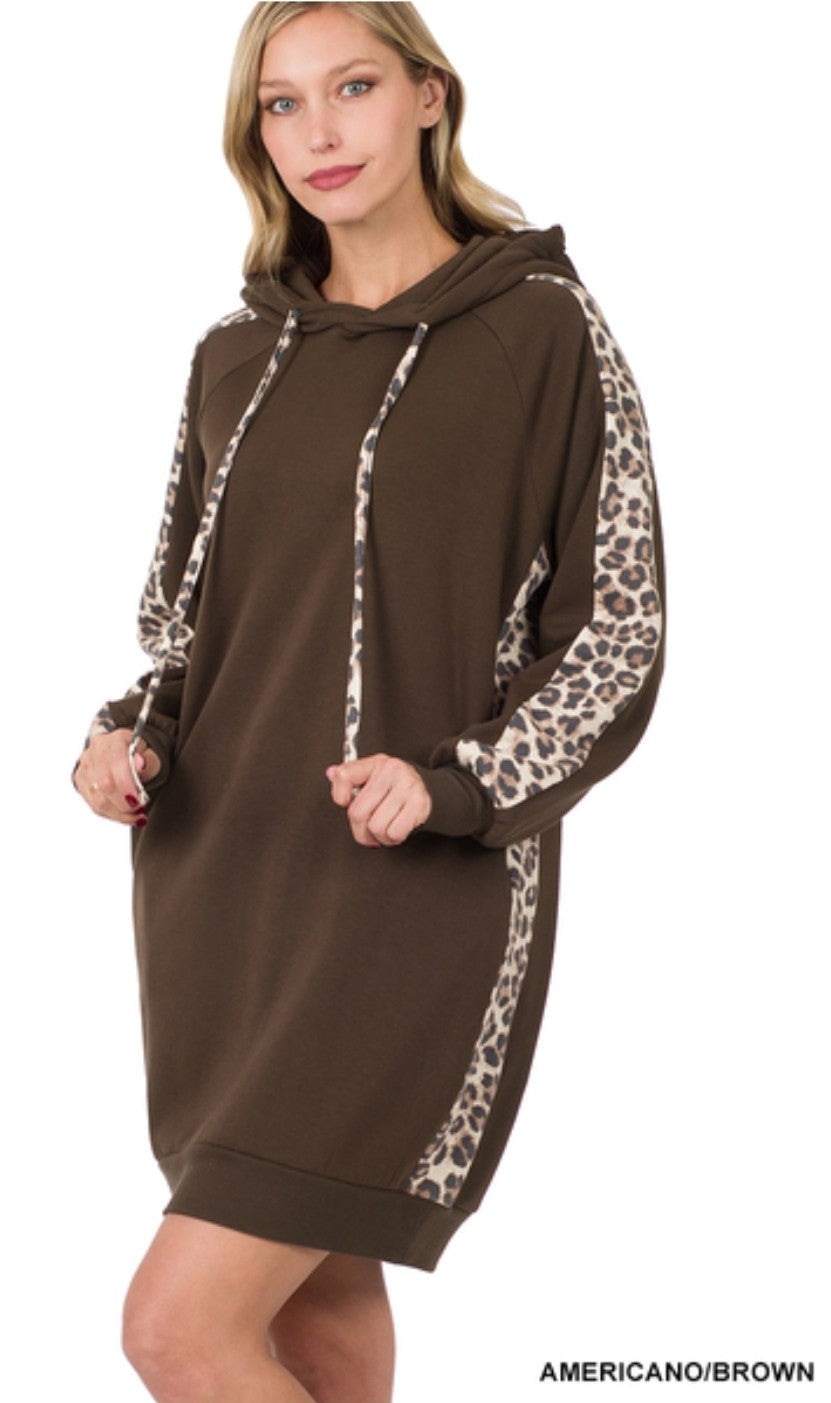 Relaxed Fit Leopard Panel Hoodie Dress