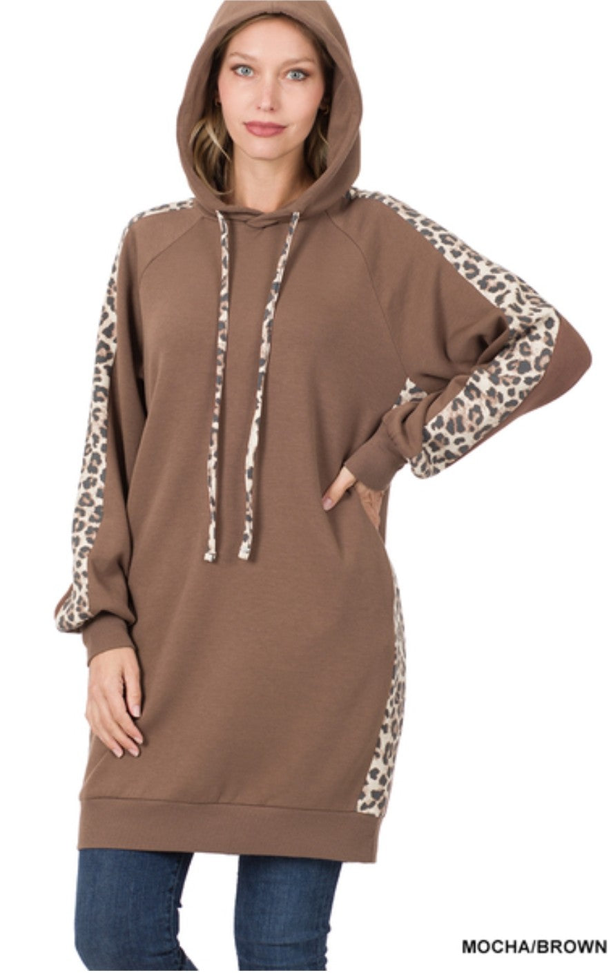 Relaxed Fit Leopard Panel Hoodie Dress