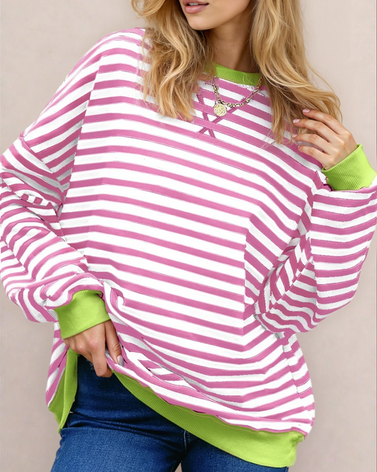 Baya Striped Contrast Trim Drop Shoulder Sweatshirt - Pink