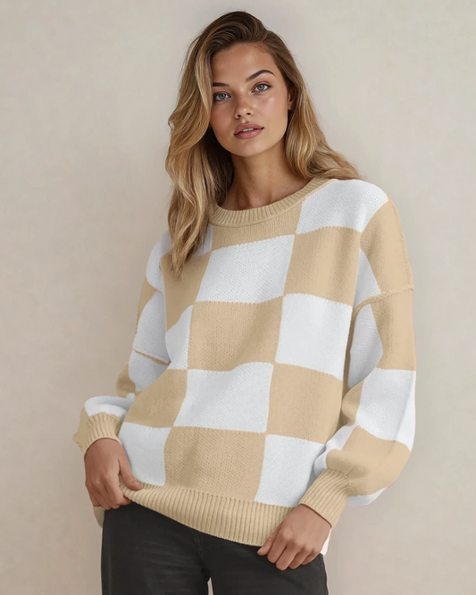 Checkered Crew Neck Sweater - Khaki