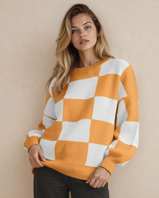 Checkered Crew Neck Sweater - Tangerine