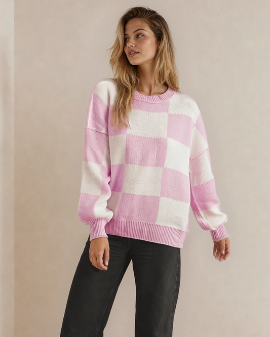 Checkered Crew Neck Sweater - Pink