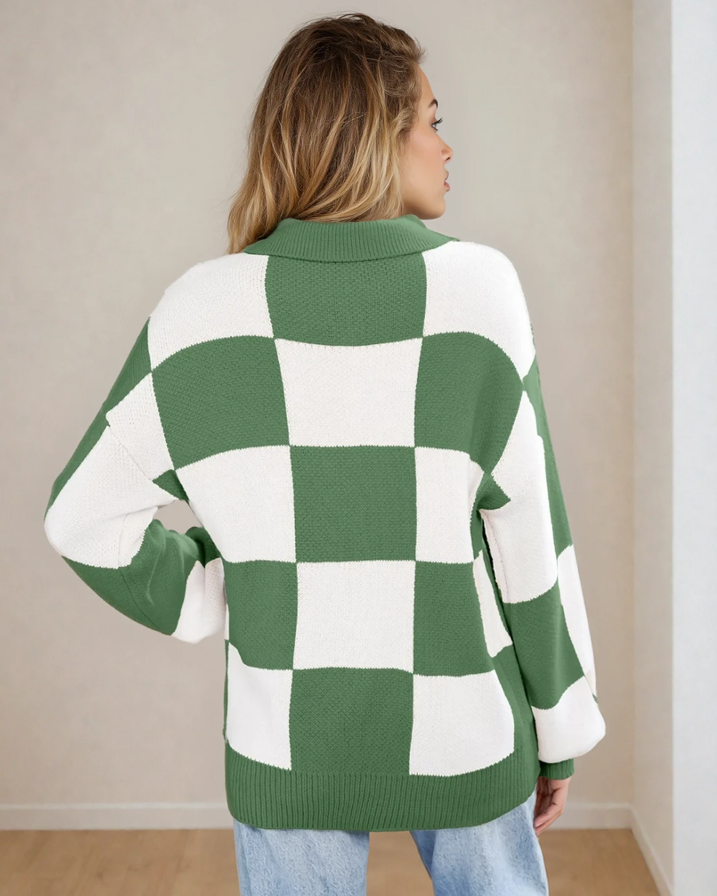 V Neck Checkered Sweater - Green Indie & Co.