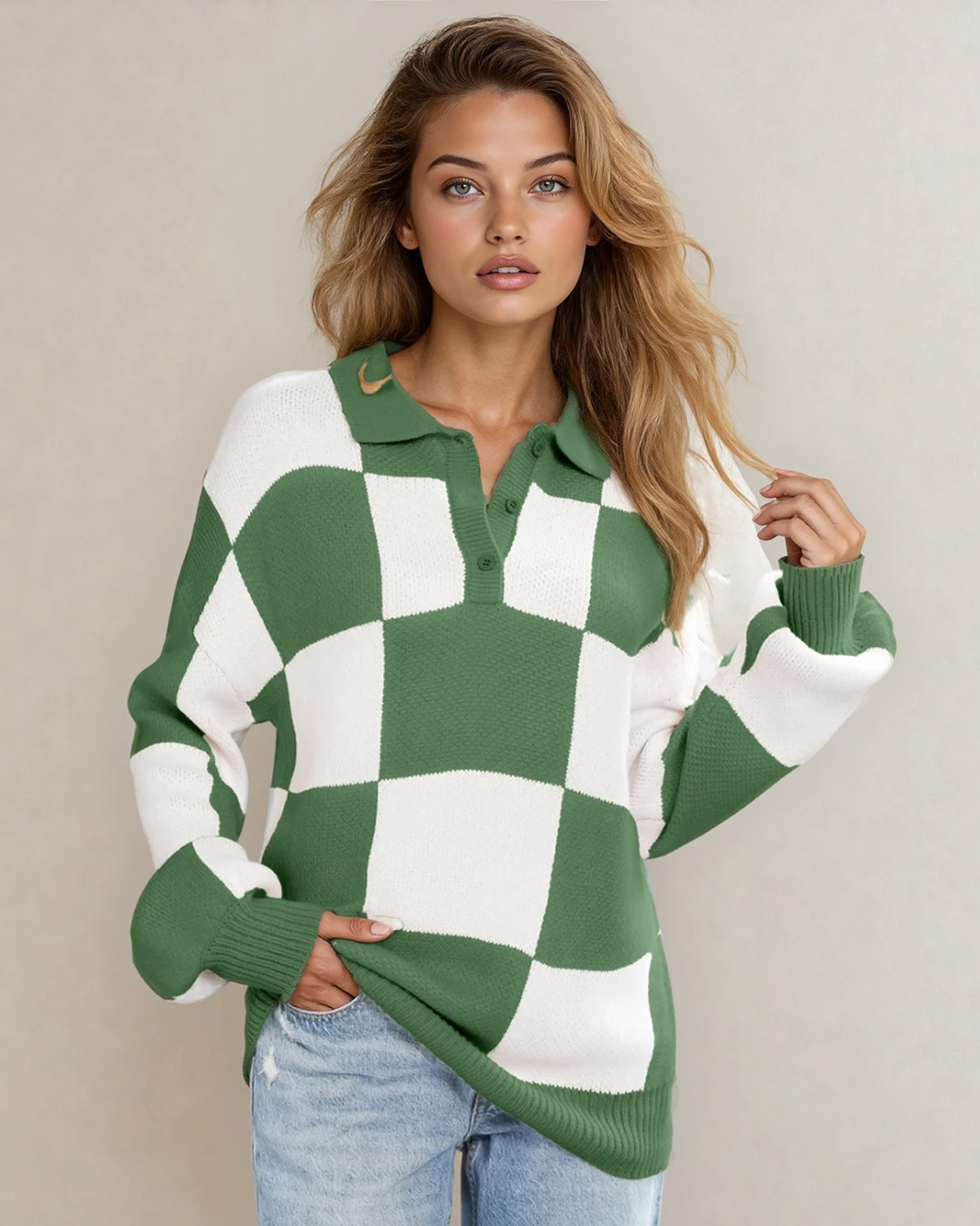 V Neck Checkered Sweater - Green Indie & Co.