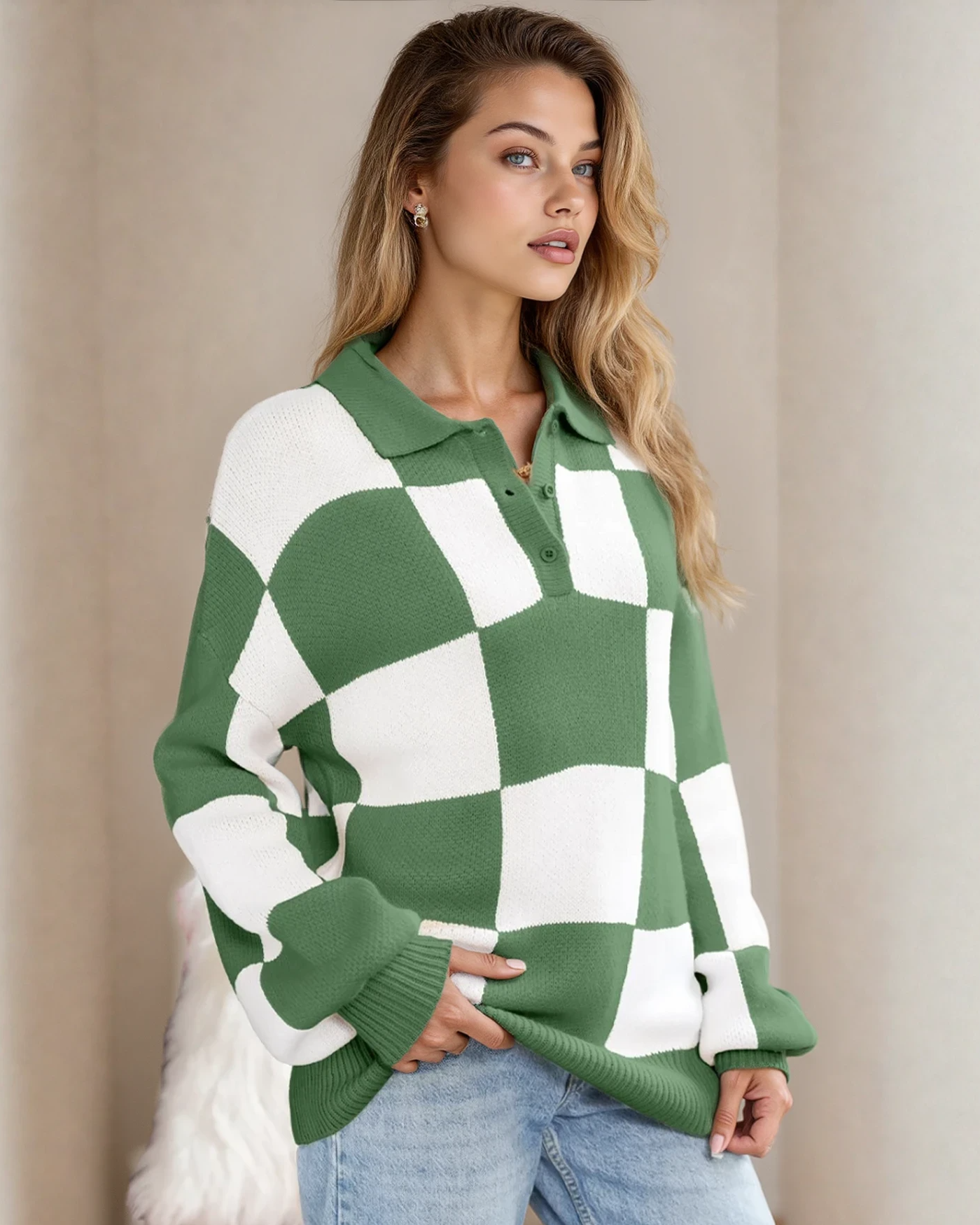 V Neck Checkered Sweater - Green Indie & Co.