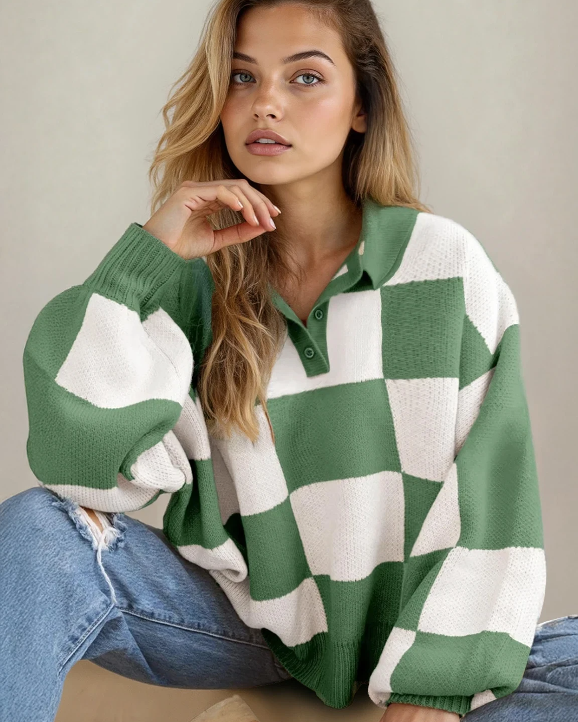 V Neck Checkered Sweater - Green Indie & Co.