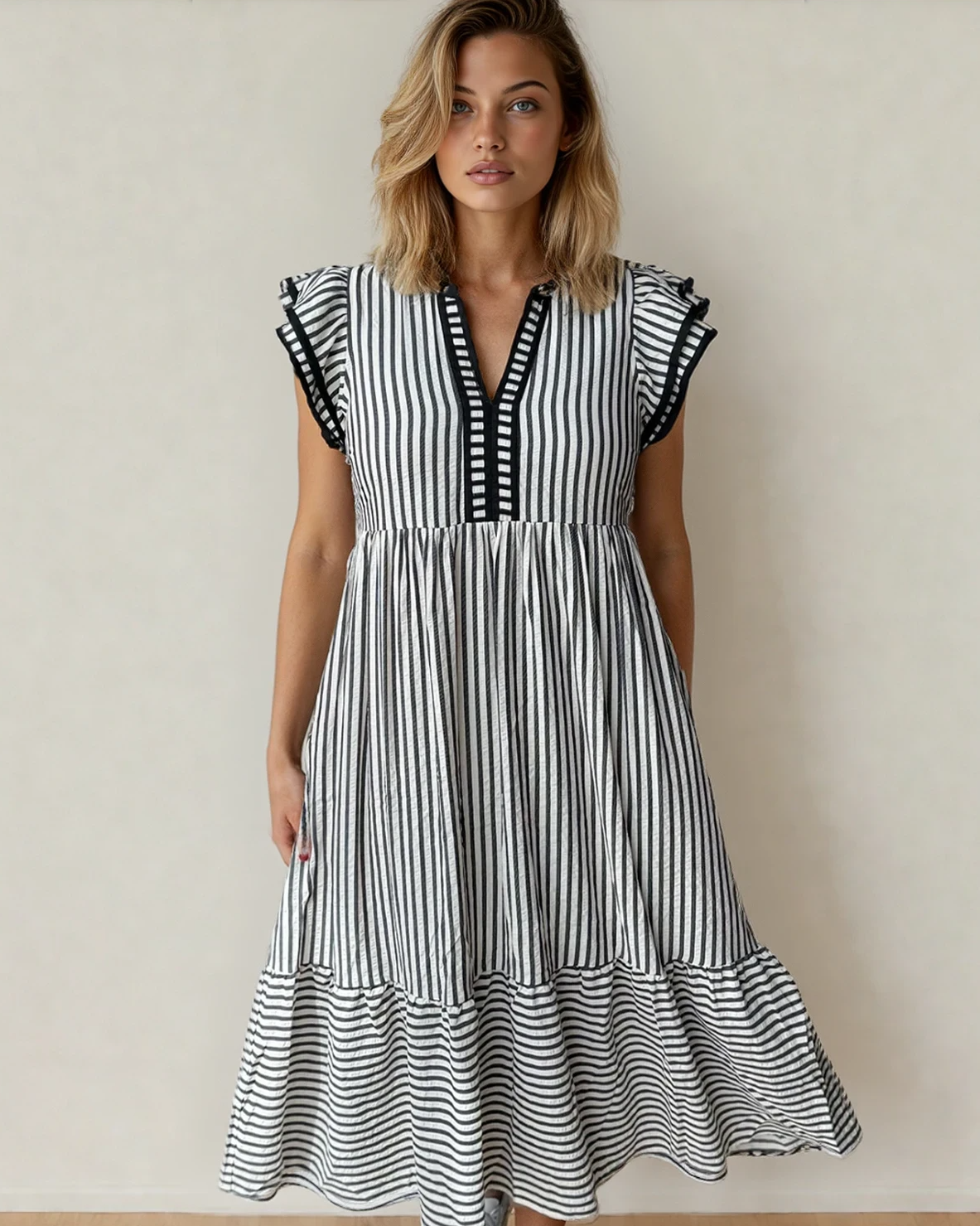 Nyla Double Ruffled Short Sleeve Contrast Trim V Neck Midi Dress - Black Indie & Co.