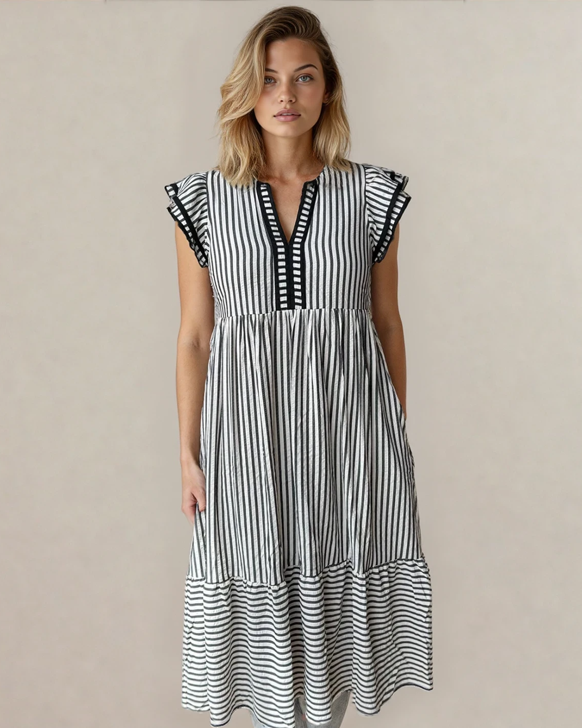 Nyla Double Ruffled Short Sleeve Contrast Trim V Neck Midi Dress - Black Indie & Co.