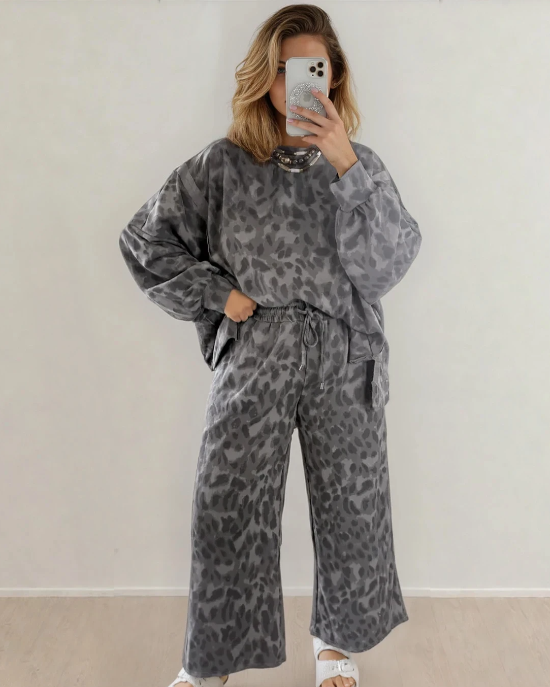 Reese Leopard Print Pullover Drawstring Loose Pants Set - Gray Indie & Co.