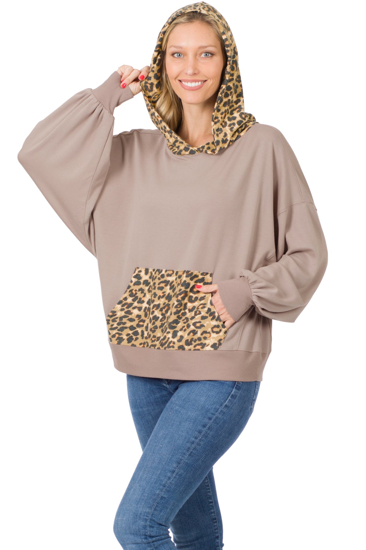 Soft French Terry Reverse Leopard Hoodie - Mocha/Brown
