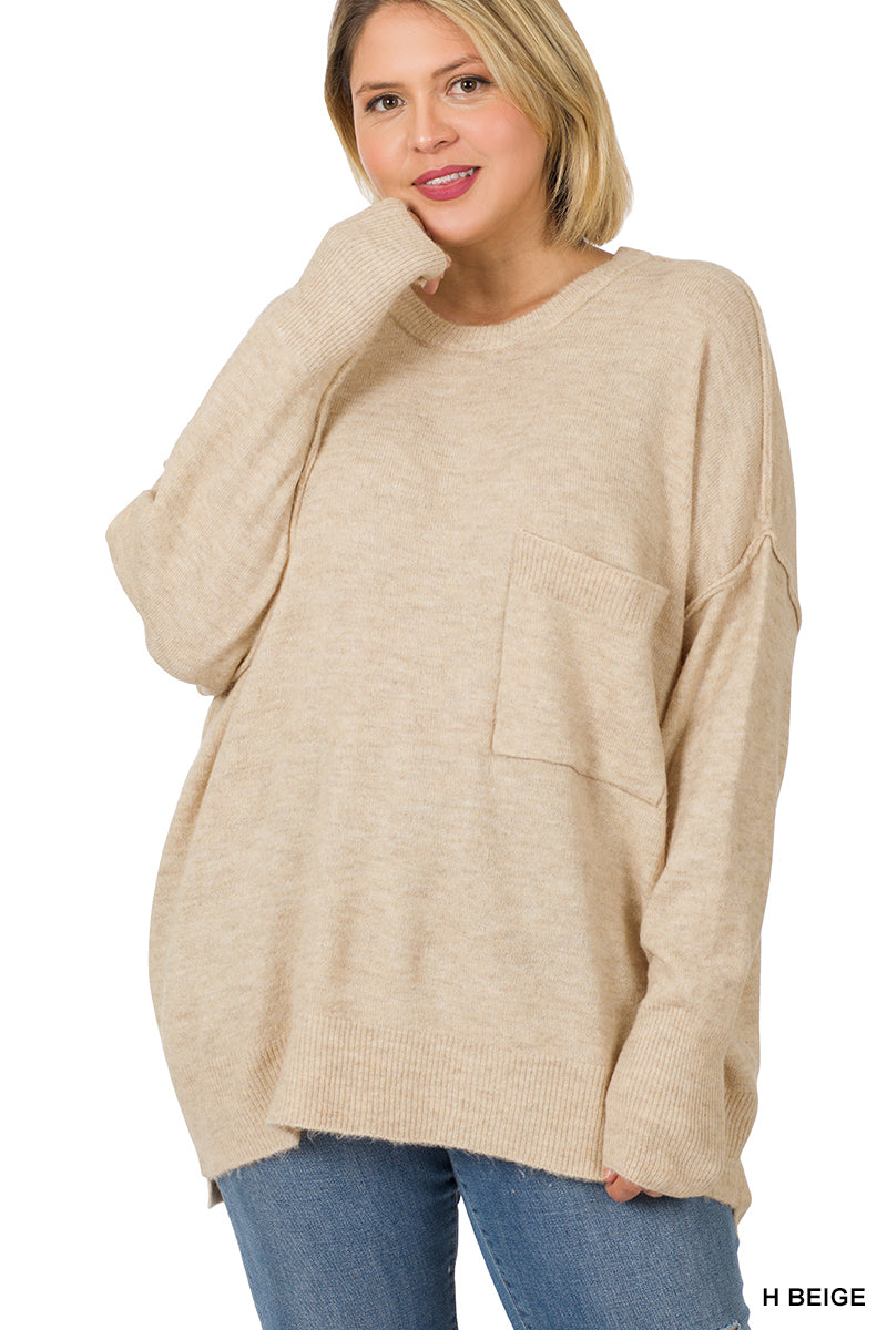 Melange HI-Low Hem pocket Sweater - H Beige