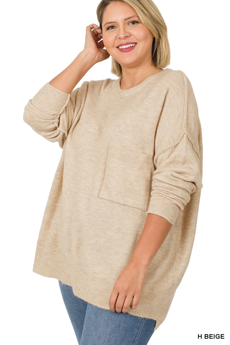 Melange HI-Low Hem pocket Sweater - H Beige