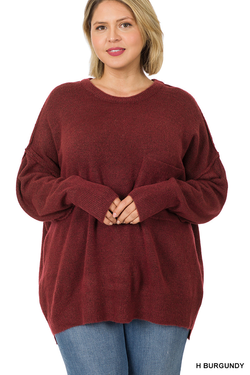Melange HI-Low Hem pocket Sweater - H Burgundy