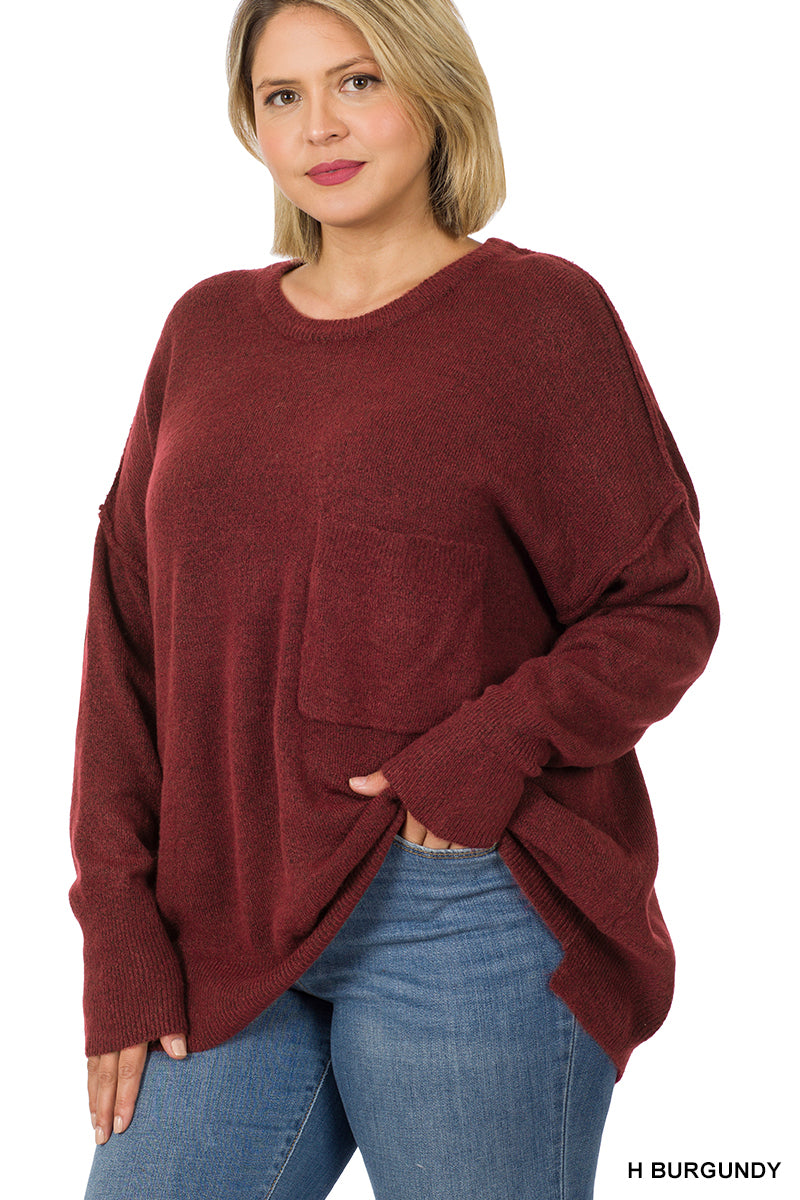 Melange HI-Low Hem pocket Sweater - H Burgundy
