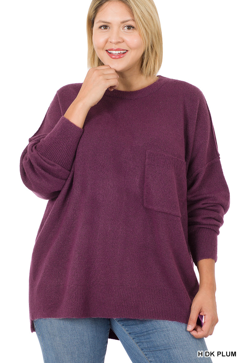 Melange HI-Low Hem pocket Sweater - H Dk Plum