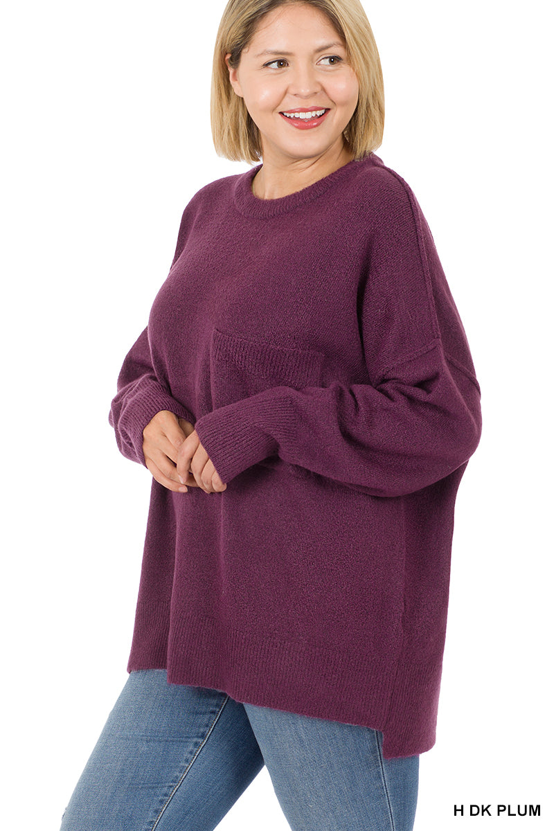 Melange HI-Low Hem pocket Sweater - H Dk Plum
