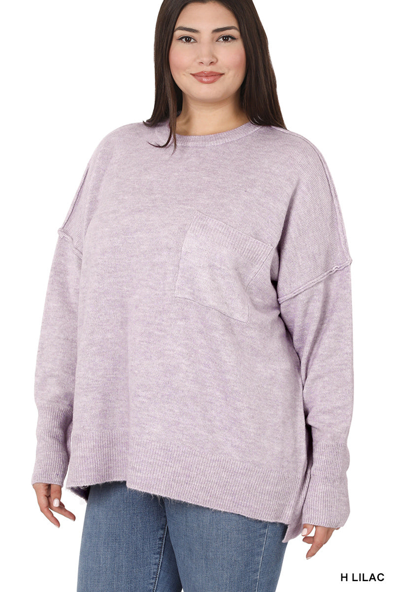 Melange HI-Low Hem pocket Sweater - H Lilac