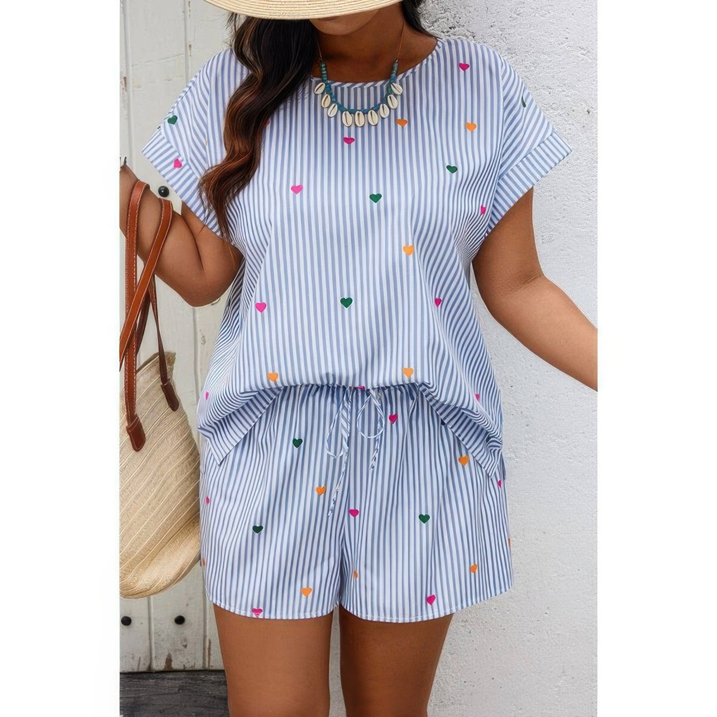 Plus Size Two Pieces Strip Hear Print Loose Sets Selvanelle