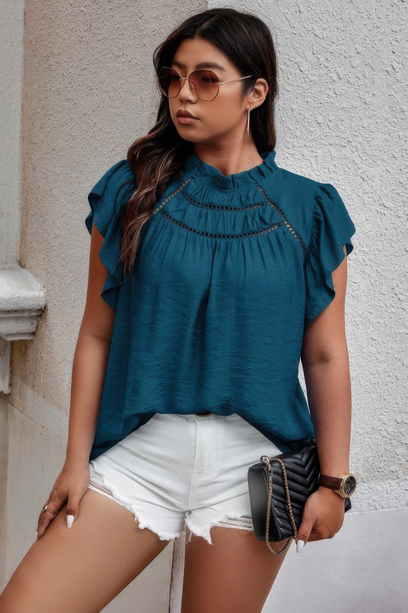 Plus Hollow Out Frill Collar Cap Sleeves Shirt Selvanelle