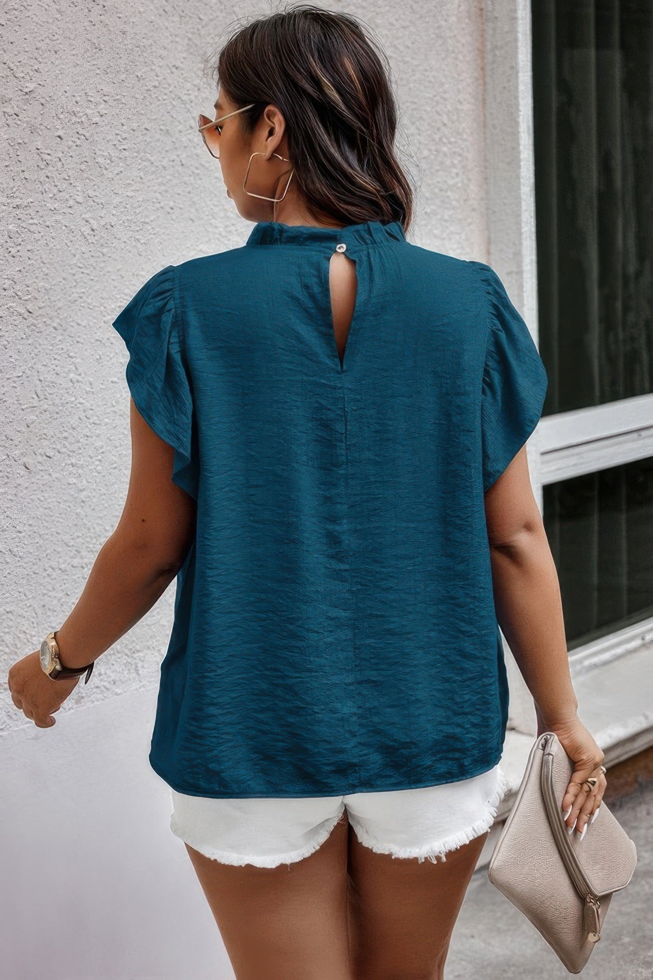 Plus Hollow Out Frill Collar Cap Sleeves Shirt Selvanelle