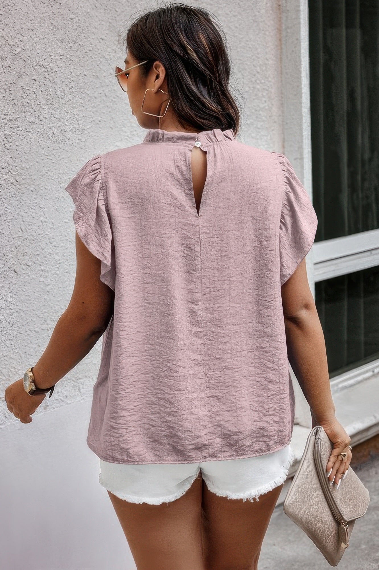 Plus Hollow Out Frill Collar Cap Sleeves Shirt Selvanelle