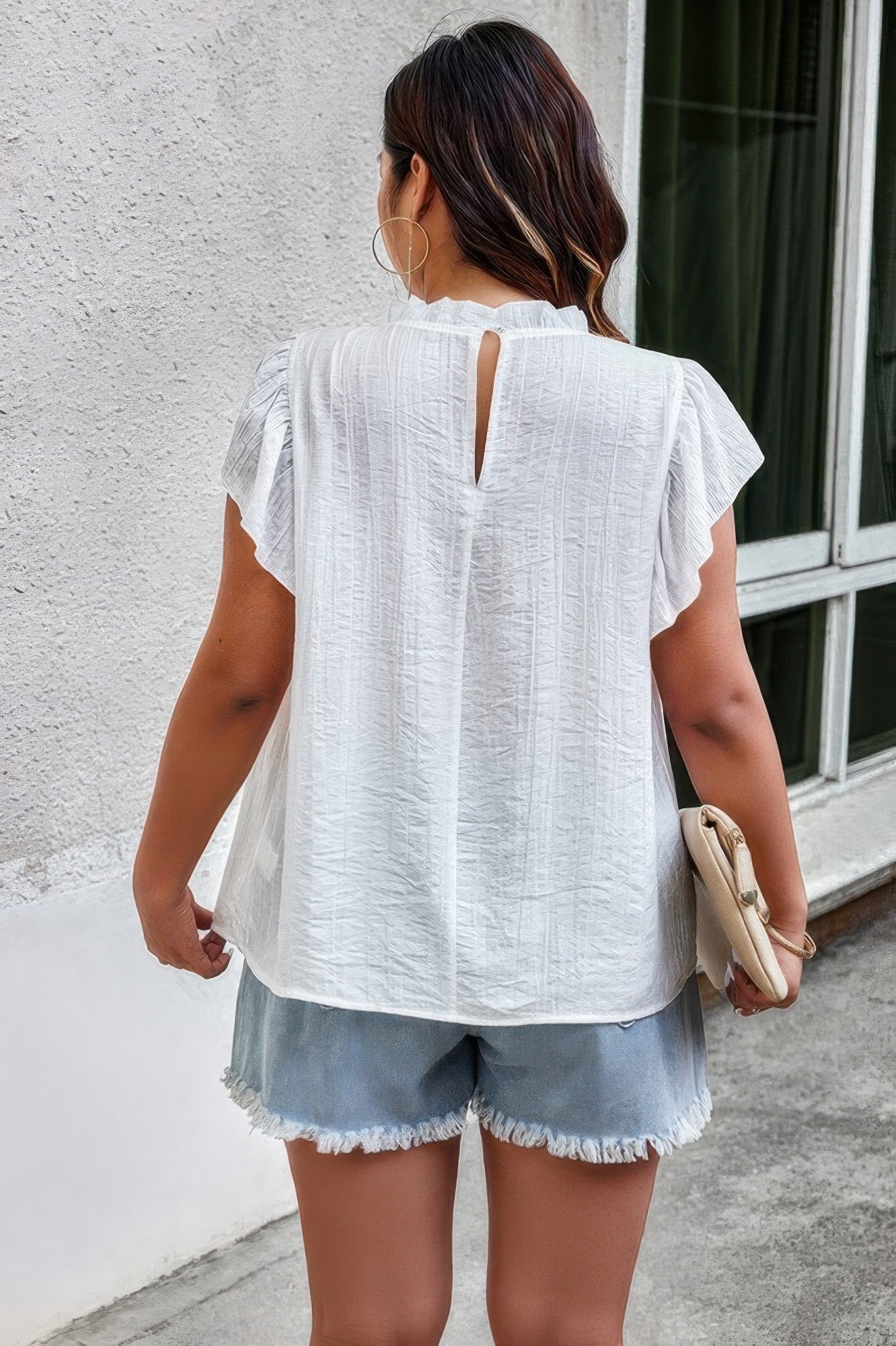 Plus Hollow Out Frill Collar Cap Sleeves Shirt Selvanelle
