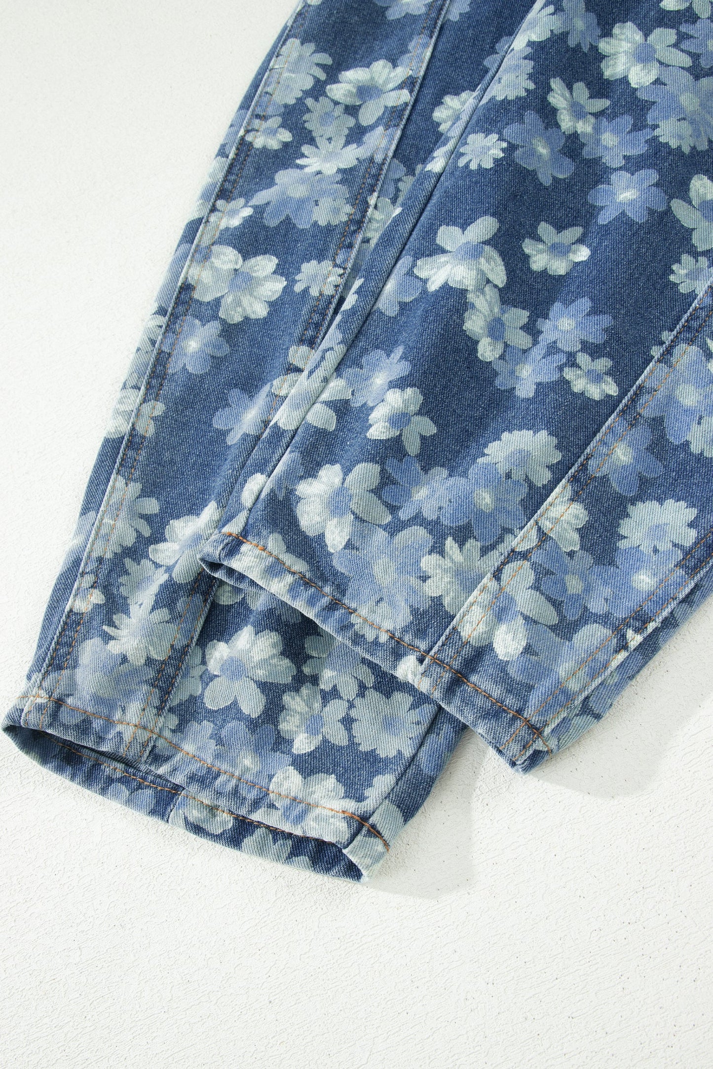 Sky Blue Dainty Floral Printed Drawstring Barrel Jeans