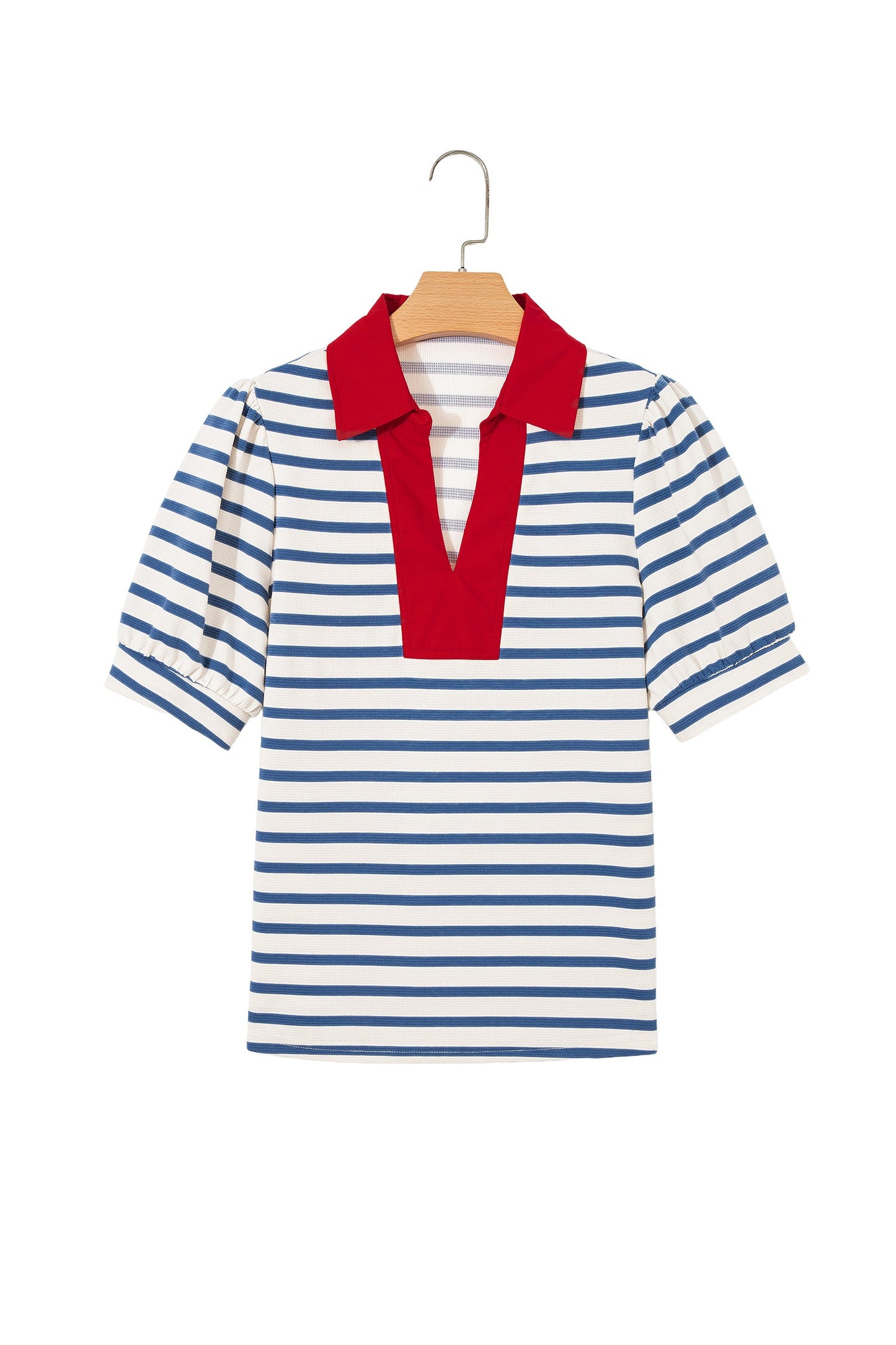 Blue Stripe Short Puff Sleeve Color Block Polo Collar Blouse
