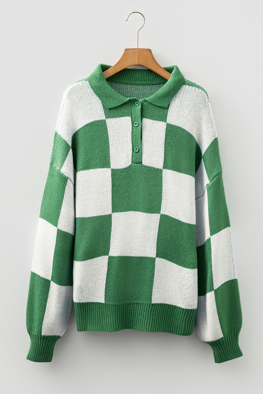 V Neck Checkered Sweater - Green Indie & Co.