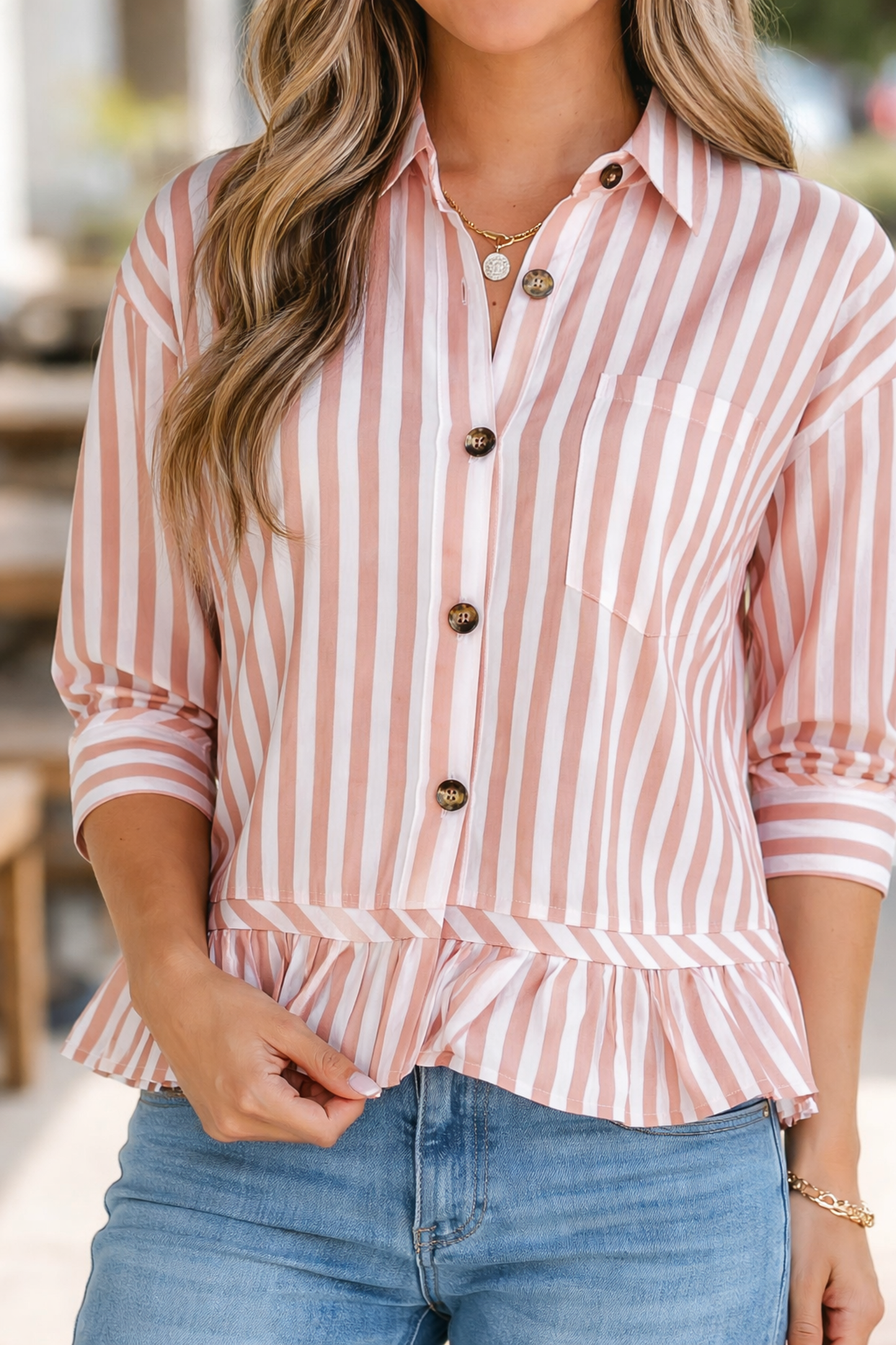 Tiffany Sleeve Ruffle Hem Shirt Threaded Pear