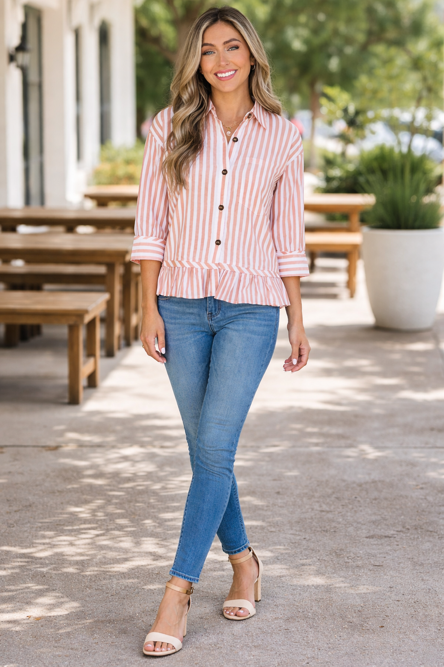 Tiffany Sleeve Ruffle Hem Shirt Threaded Pear