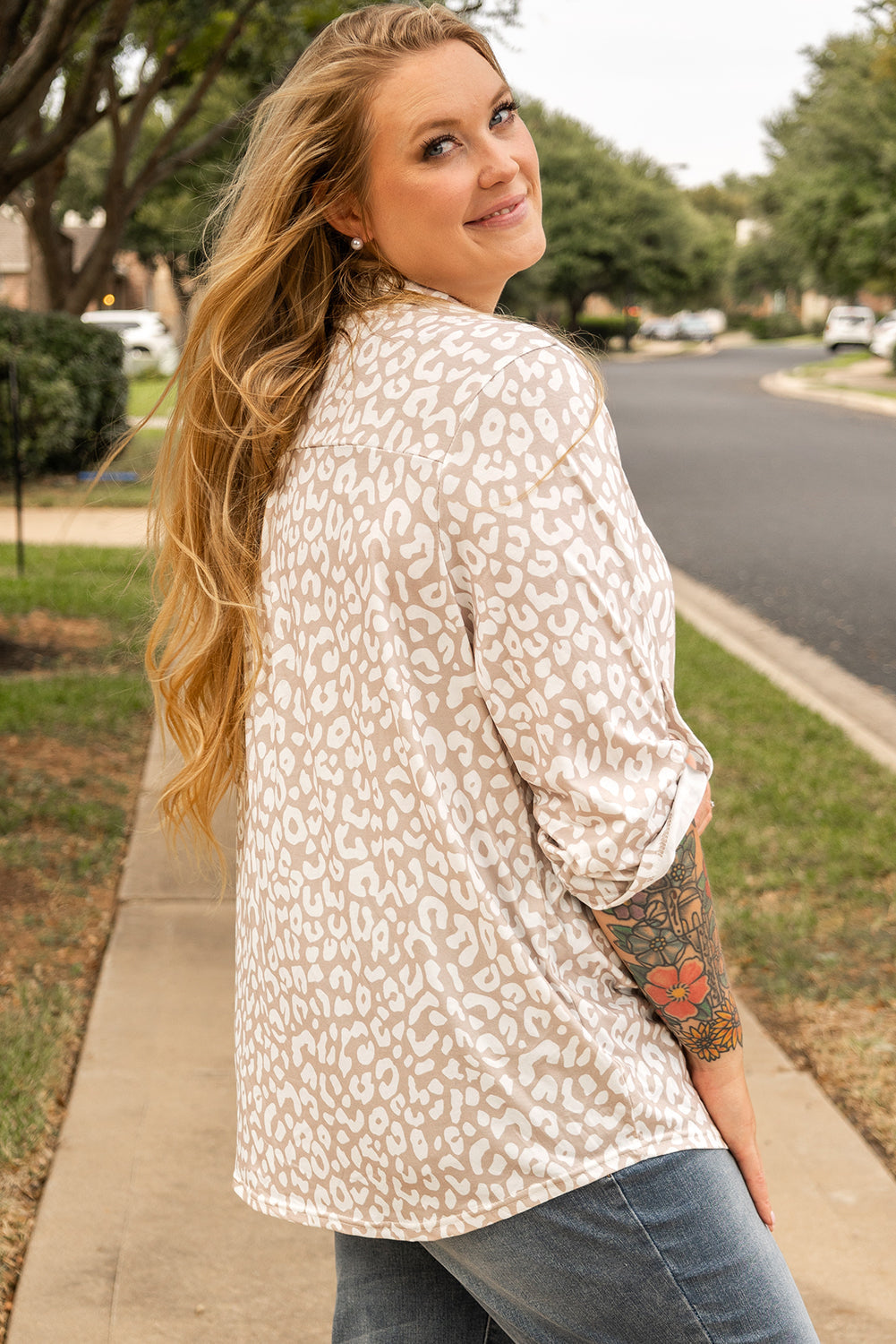 Apricot Leopard Tab Sleeve V Neck Plus Size Top Wild and Free Boutique