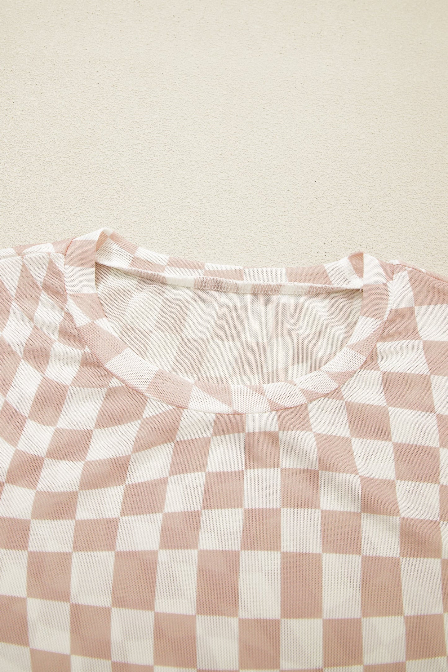 Khaki Checkered Print Mock Neck Mesh T Shirt