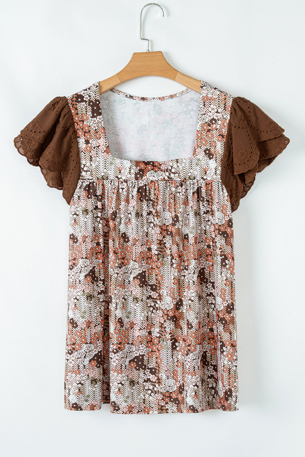 Blue Floral Print Square Neck Lace Patchwork Sleeve Blouse