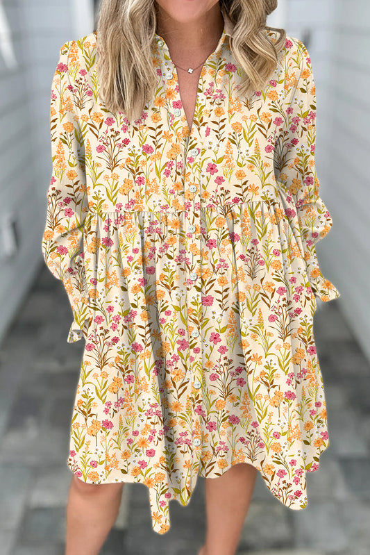 Yellow Floral Print Frilly Trim Smocked Cuff Long Sleeve Loose Shirt Dress