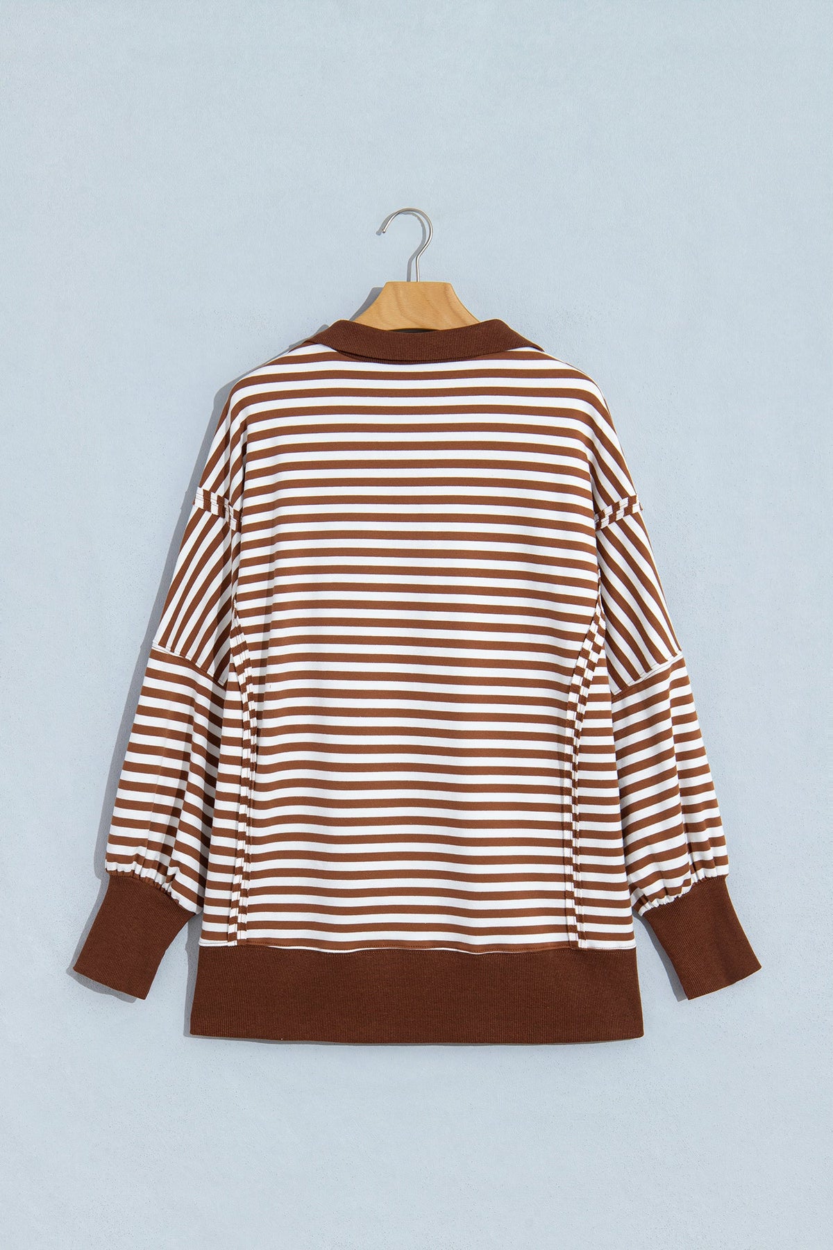 Blue Stripe Color Block Trim Raw Seam Split Hem Loose Pullover Sweatshirt