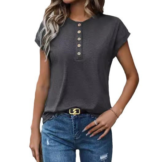 Button Detail Raglan Sleeve Top – Gray