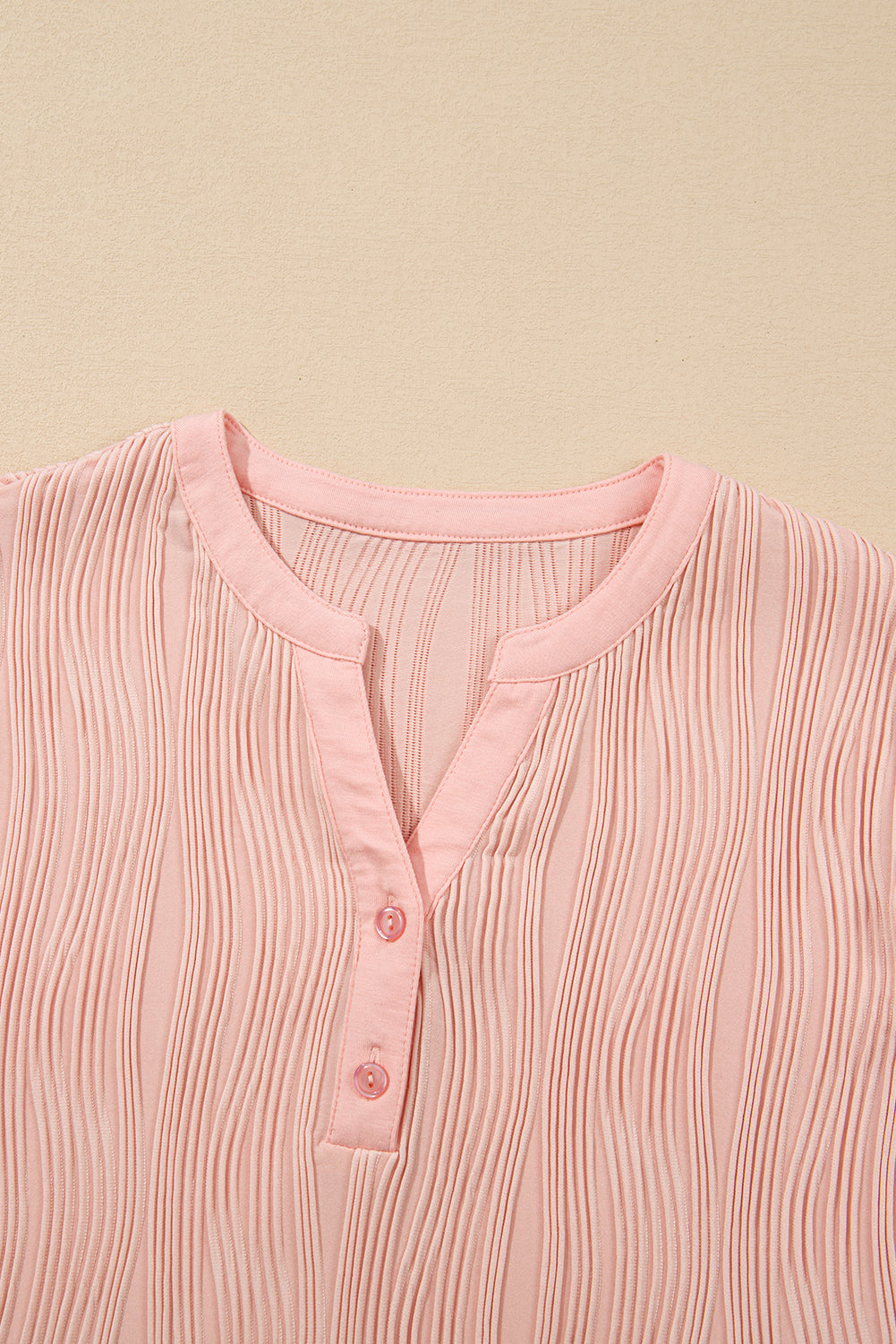 Wavy Textured Button V-Neck Casual Tee