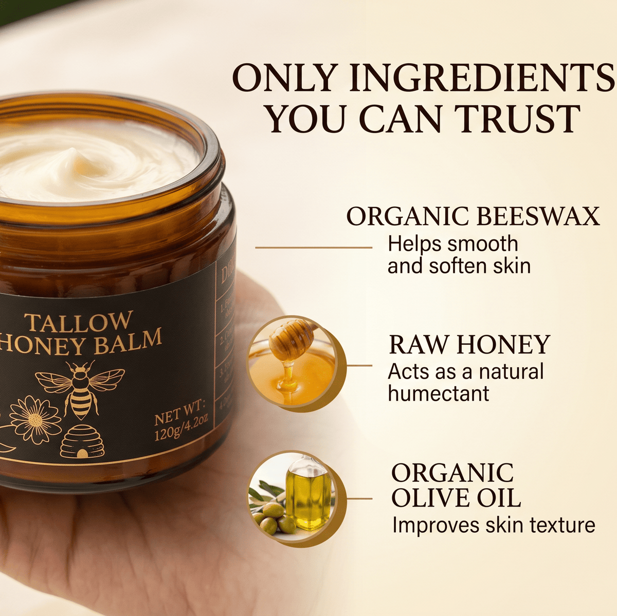 Organic Grass-Fed Beef Tallow Balm with Raw Honey – Handmade Deep Moisturizing Skin Balm for Dry Skin, Face & Body Care