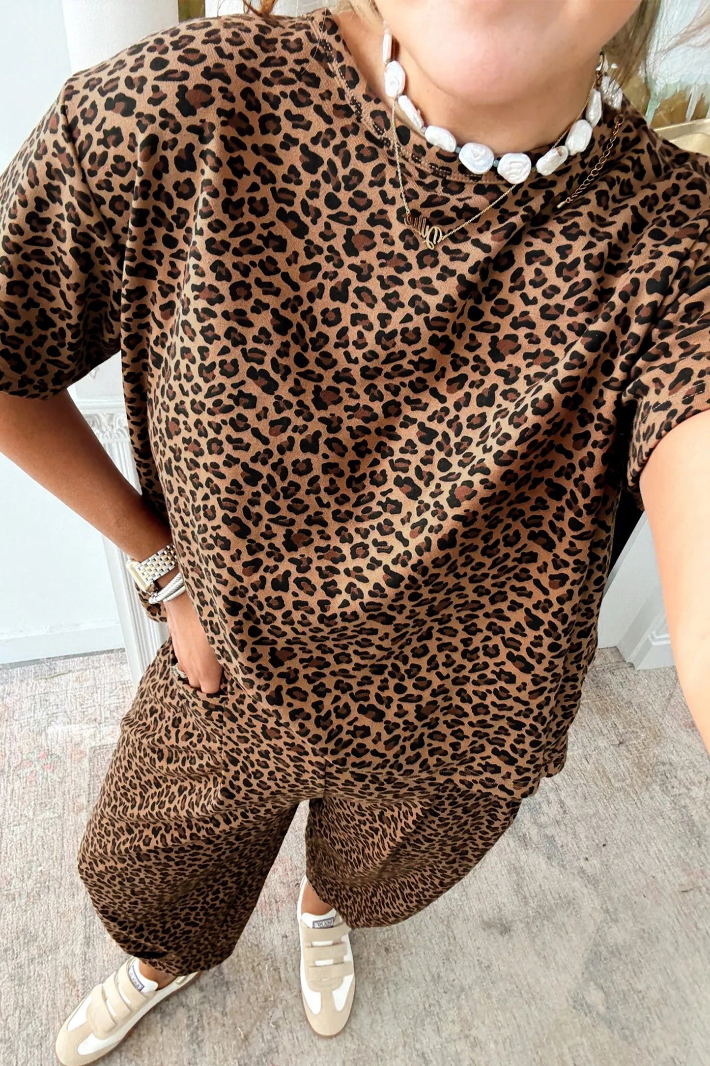 White Leopard High-Low Loose Tee Ankle Length Pants Set