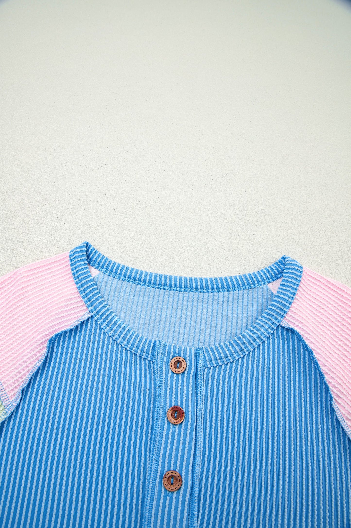 Blue Twisted Ribbed Color Block Patchwork Henley Short Sleeve T Shirt